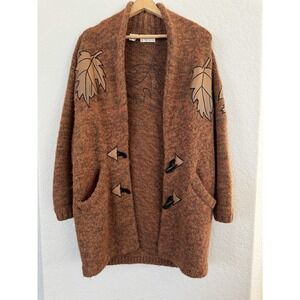 Vintage 1980s Tony Lambert Cardigan Sweater Shawl Collar Leather Fall‎ Leaves S